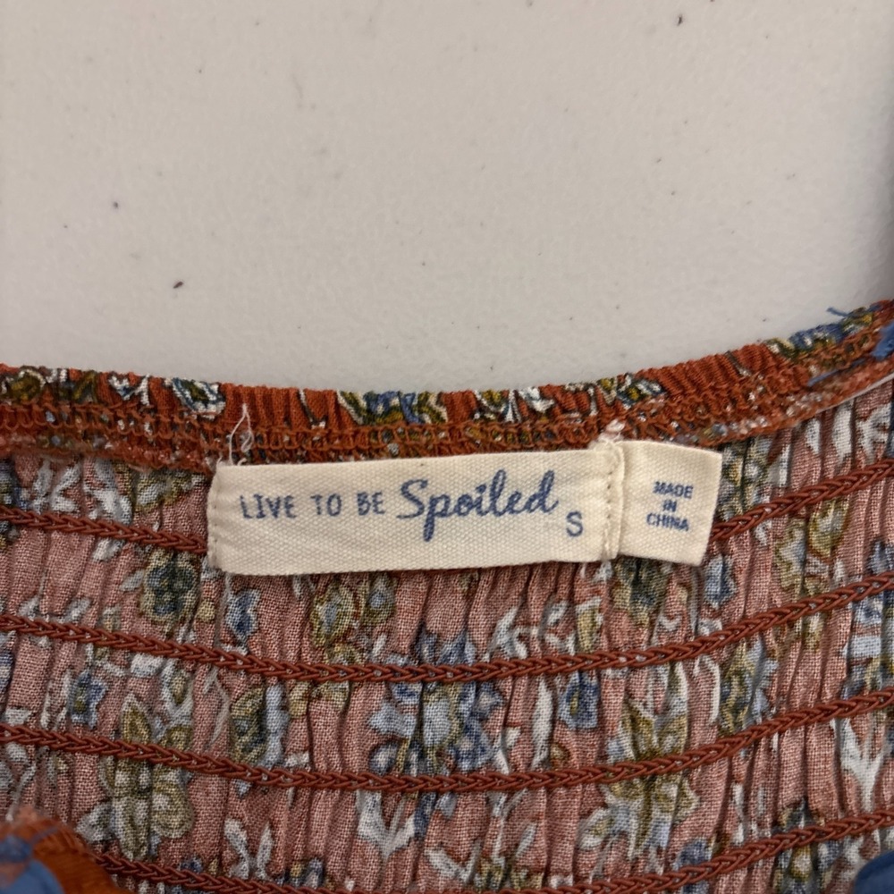 Live to be Spoiled Jumpsuit S Blue Brown Floral Wide Leg Smocked Boho Rayon XS - Picture 9 of 13